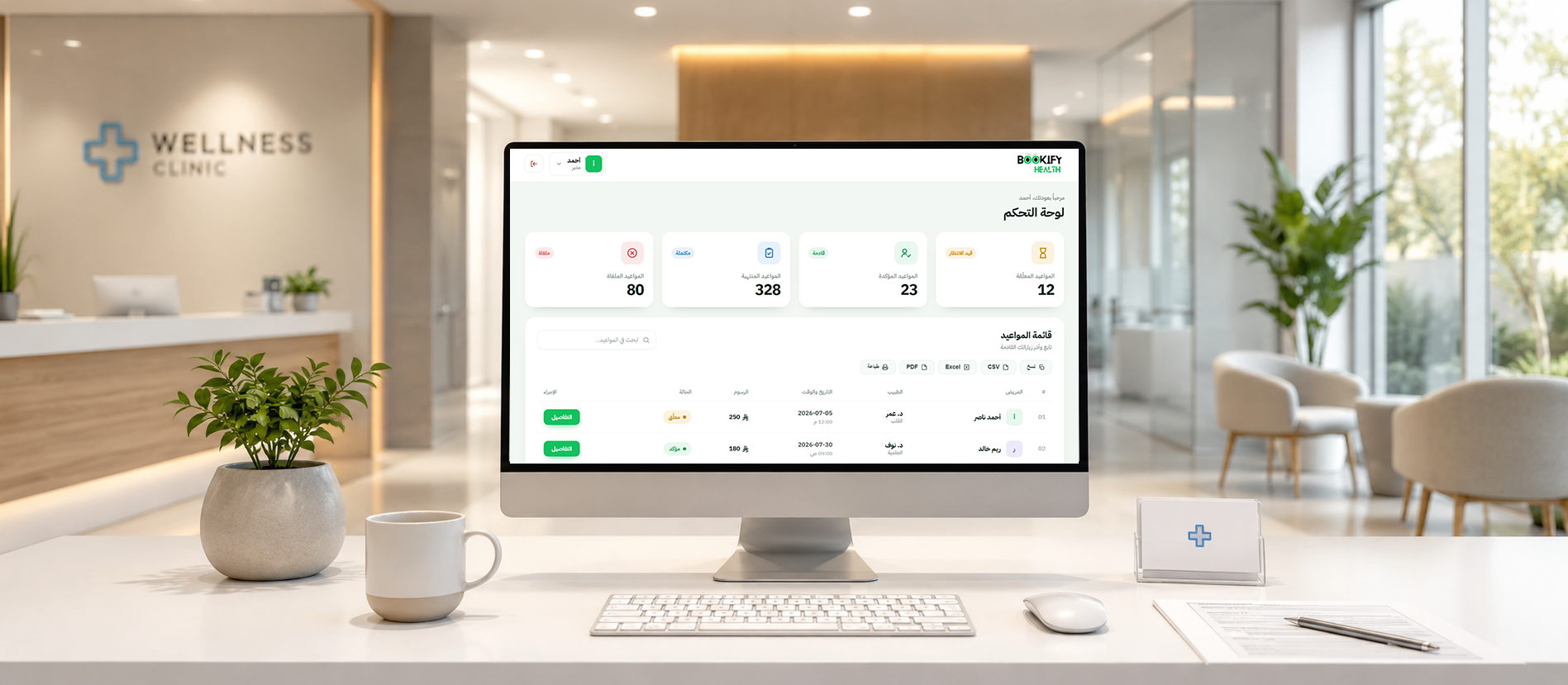 The Bookify Health dashboard on a desktop monitor