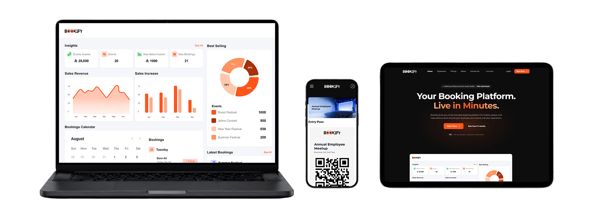 Bookify Events across laptop, phone, and tablet