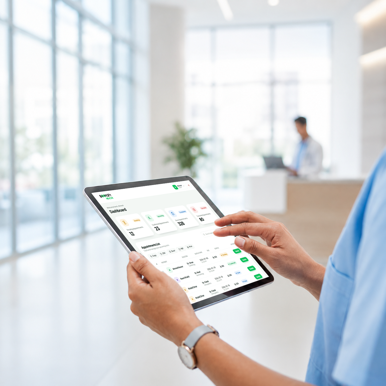 A healthcare team member using the Bookify Health admin dashboard on a tablet