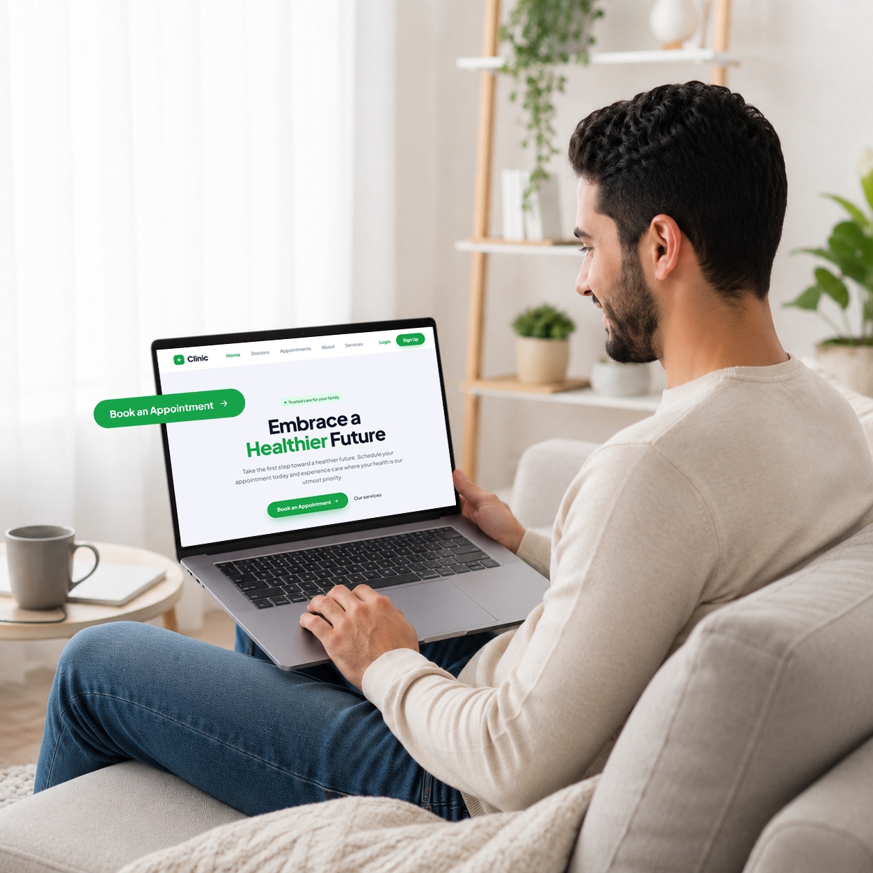 A patient booking an appointment on the healthcare provider's website on a laptop